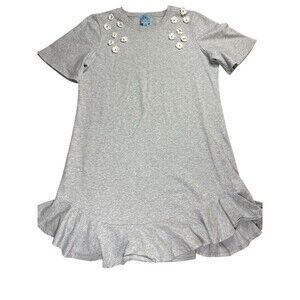 Cece Gray Floral Appliqué T-shirt Dress With Ruffle Medium Crewneck Short Sleeve